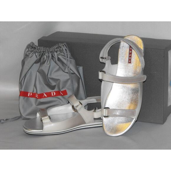 PRADA PATENT OMBRE FUME LEATHER FLATS TWO TONES GLADIATOR LOGO SANDALS 37.5 - Picture 1 of 6